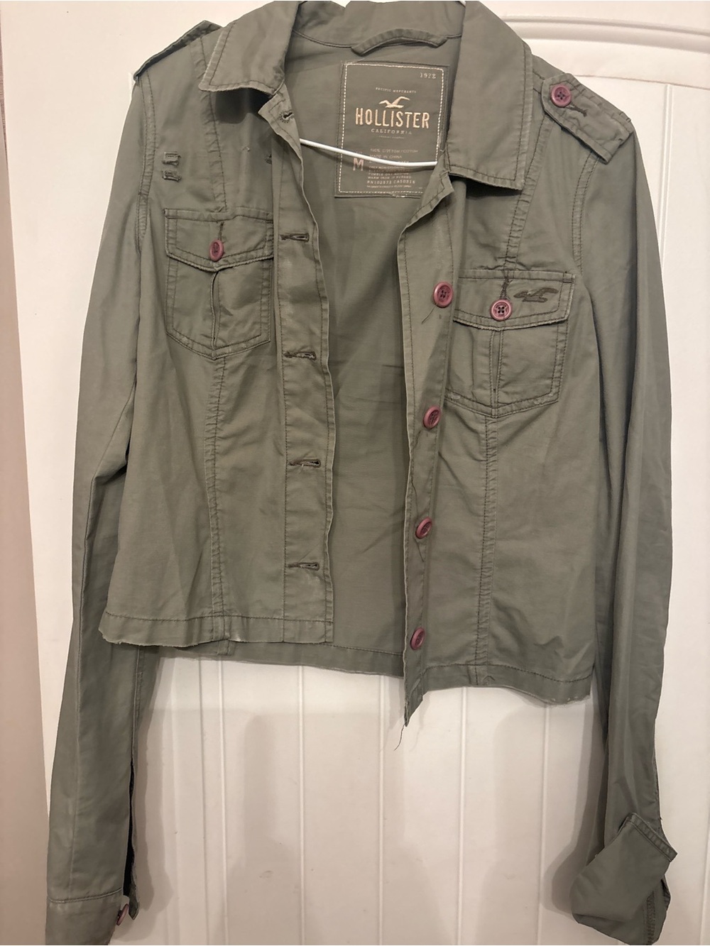 Hollister Olive Green Utility Jacket with Pink Buttons